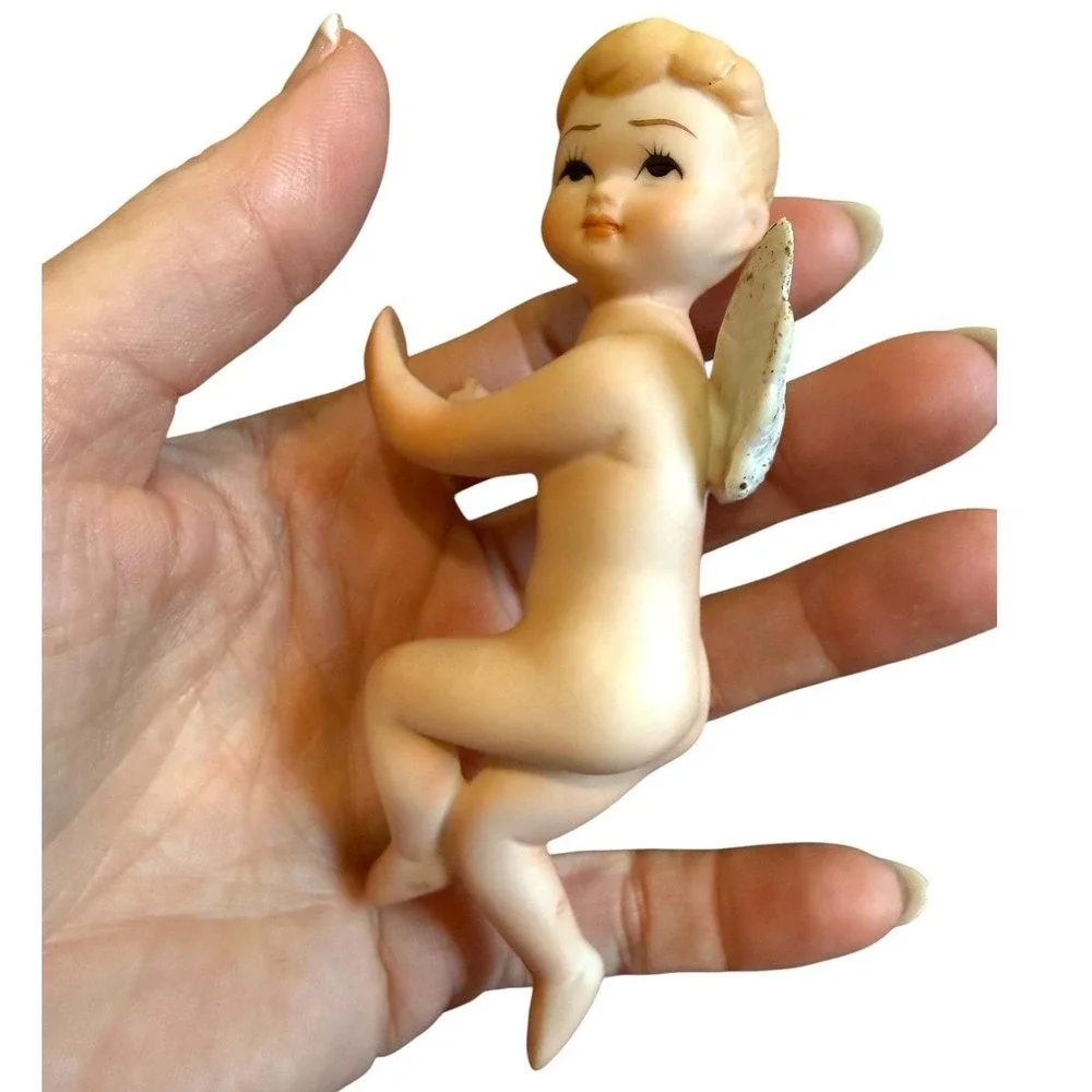 Vintage Lefton Cherub Candle Huggers Pair Japan Bisque Celestial Angel Putti 4in